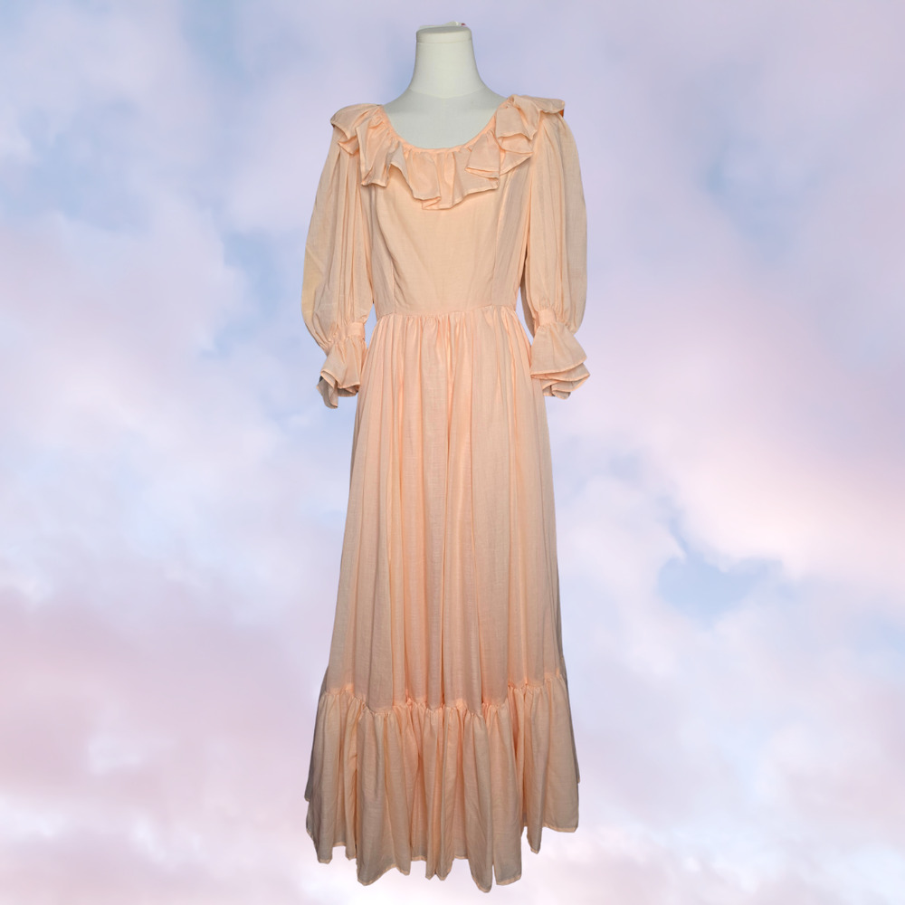 Vtg 60s Handmade Peachy Prairie Cottage Cotton Flowy Whimsy Ruffle Dress Sz XS